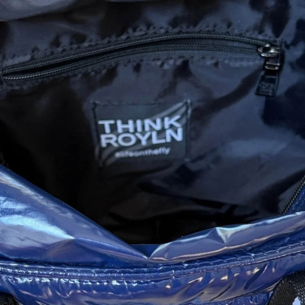 Think Royln Junior Wingman Puffer Tote Bag Navy Blue Patent Quilted Crossbody